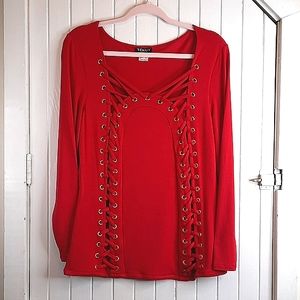 VENUS Red Lace-Up Long Sleeve Top